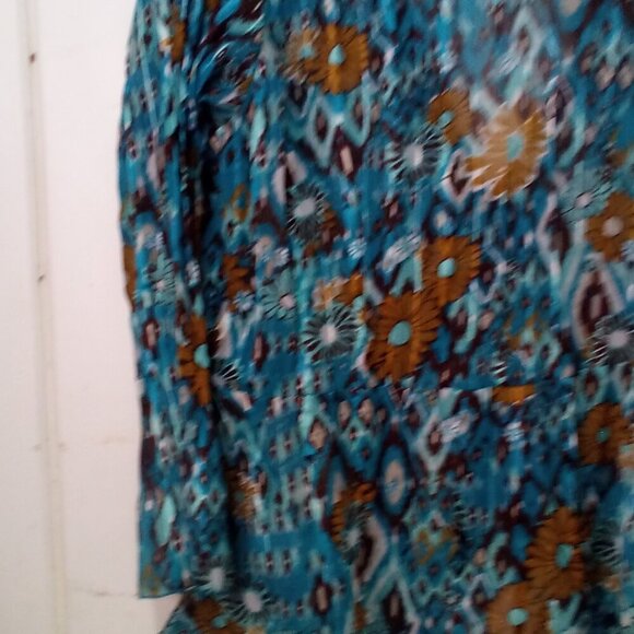 Kim Rogers Blouse Women L 3/4 Sleeve Simi Sheer Ruffle Open Tie Front Teal Brown - Picture 14 of 16